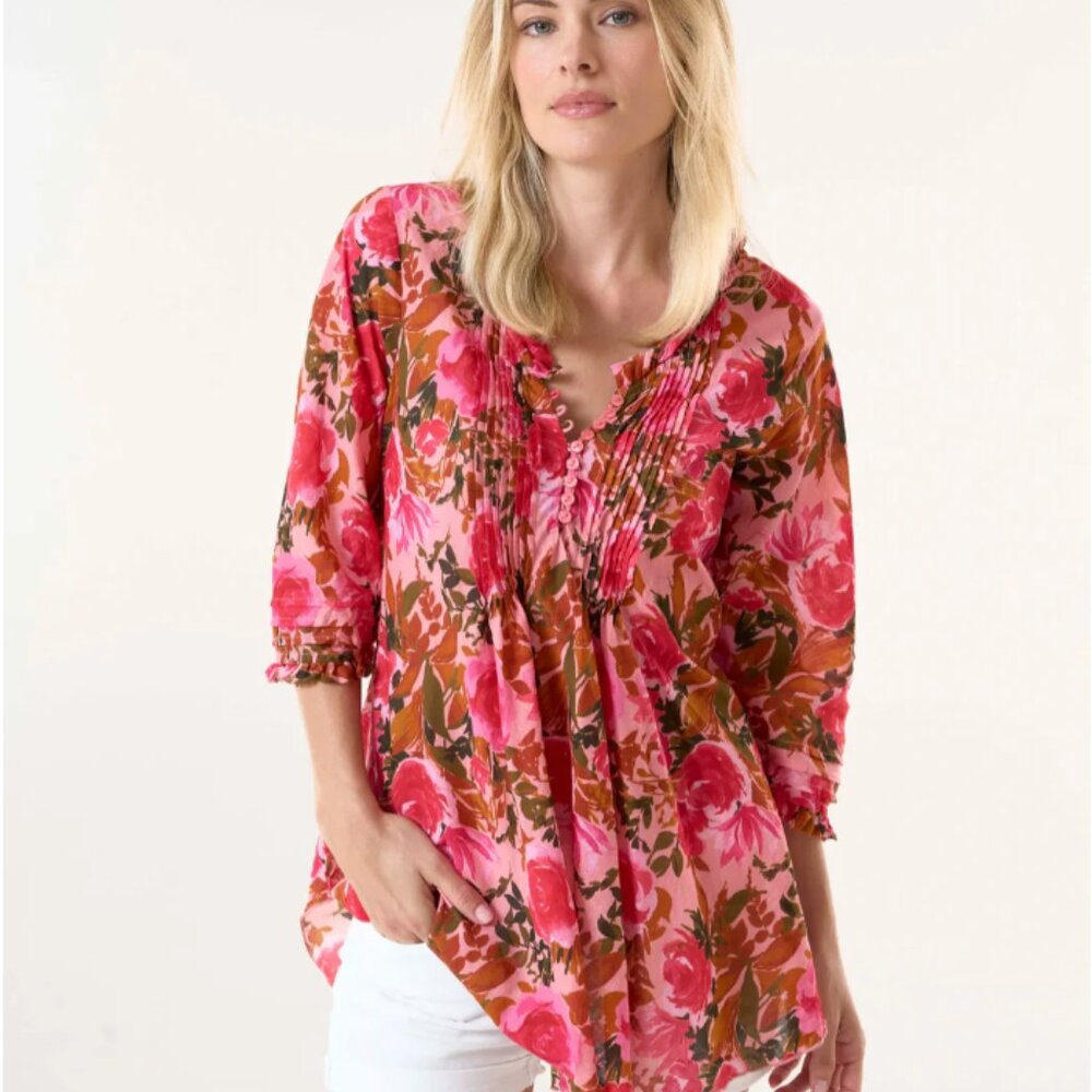 One Season Floral Pink and Green Button-Up Blouse XS